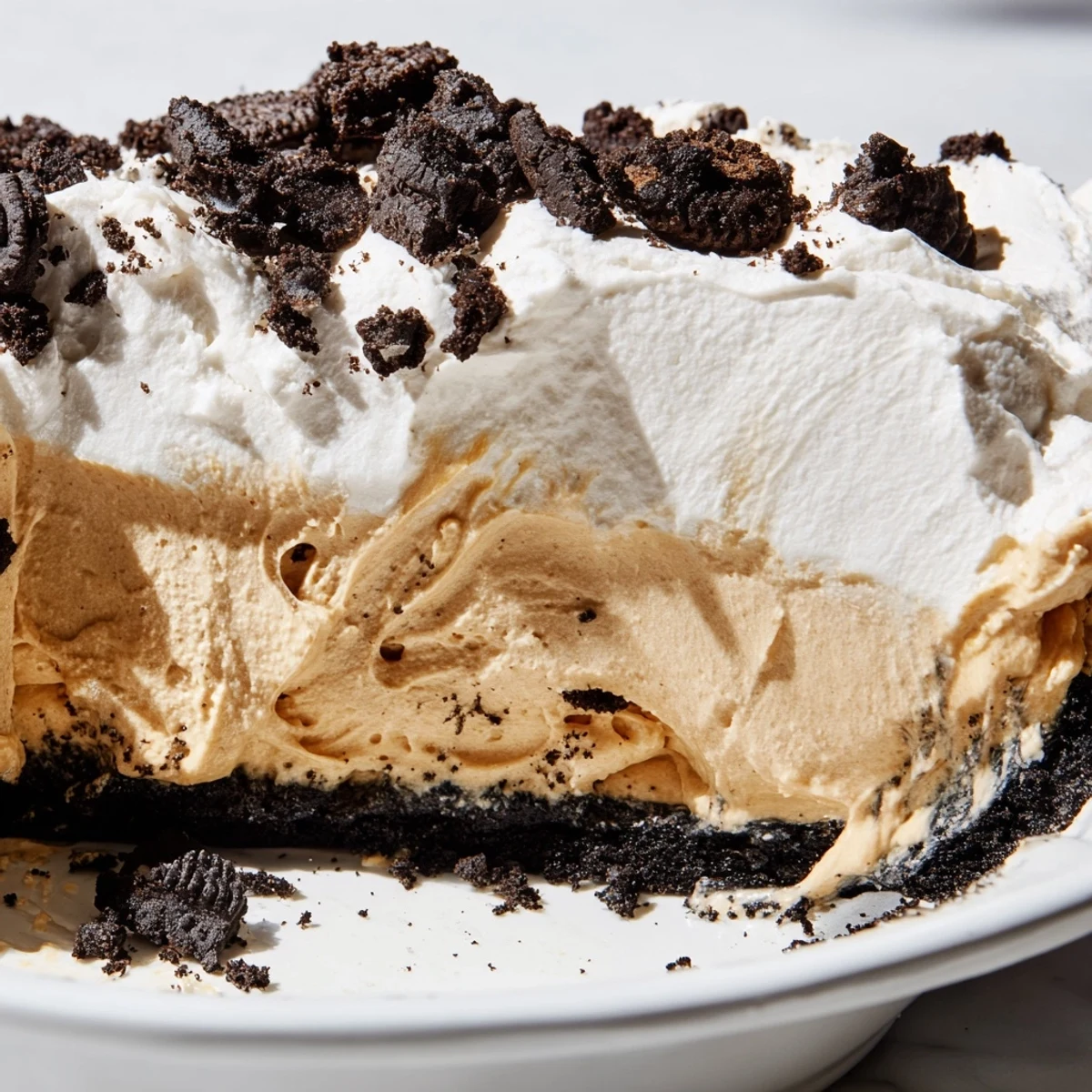 Silky peanut butter filling nestled in a dark chocolate Oreo crust with fluffy whipped cream