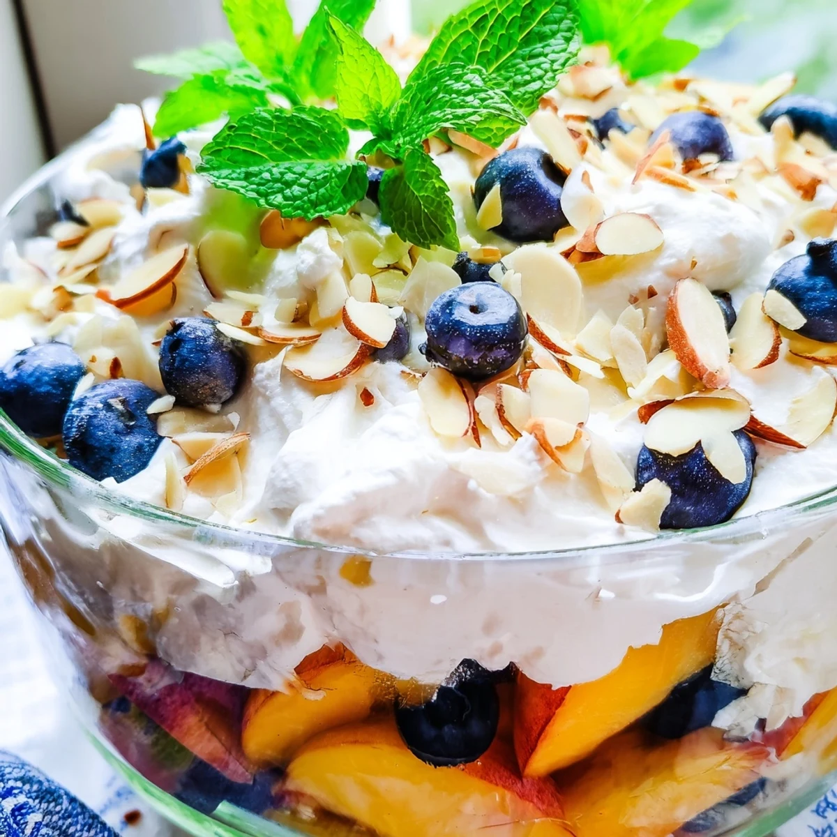 Creamy peaches and cream salad topped with fresh mint and sliced almonds in a glass bowl