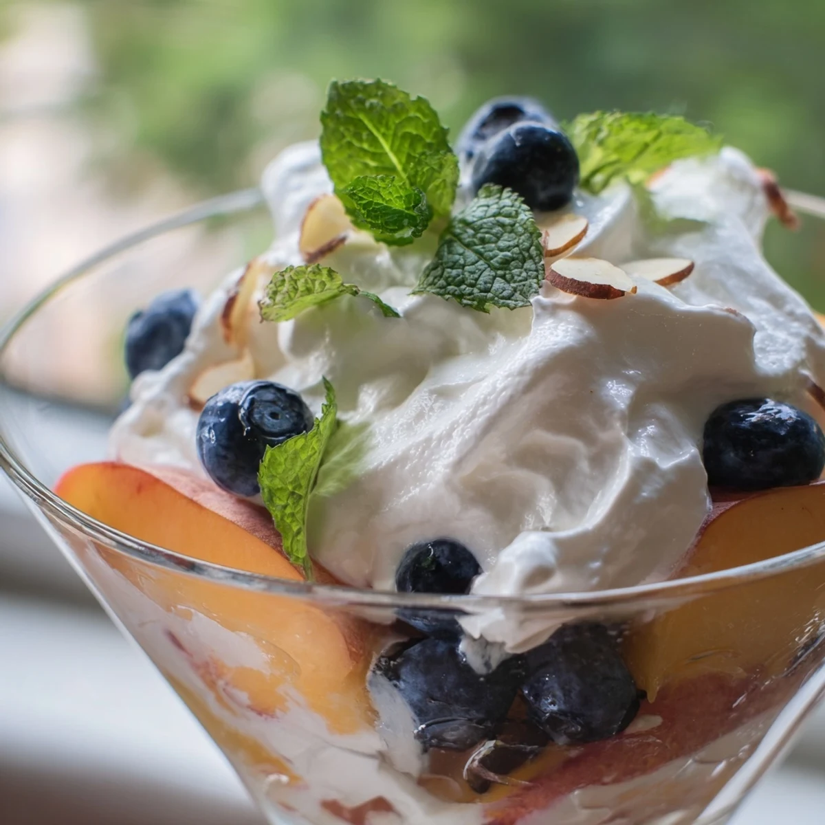 Sliced ripe peaches layered with fluffy whipped cream and blueberries for a refreshing summer dessert