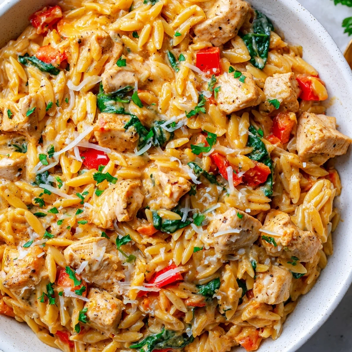 Creamy Cajun chicken Alfredo orzo served in a rustic skillet with fresh parsley garnish on top