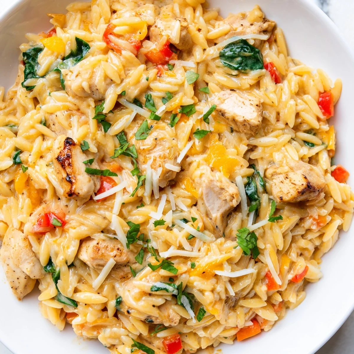 One pot Cajun chicken Alfredo orzo with tender meat and rich creamy sauce studded with peppers