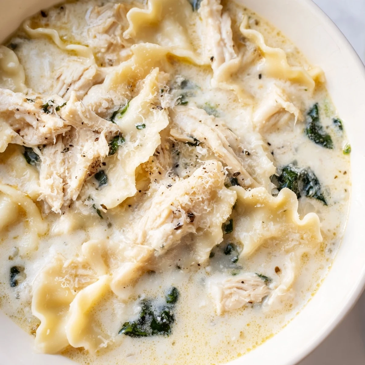 Creamy white lasagna soup in a white bowl with melted cheese and tender noodle pieces