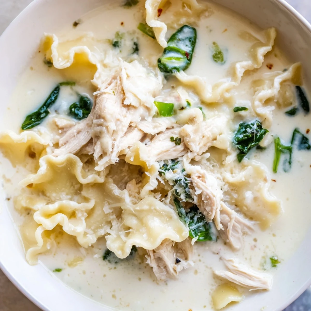 Steaming bowl of white lasagna soup topped with shredded chicken and garnished with Parmesan