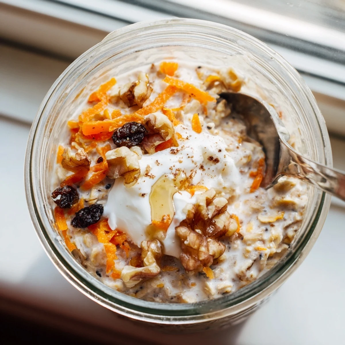 Creamy carrot cake overnight oats topped with crunchy walnuts in a glass jar