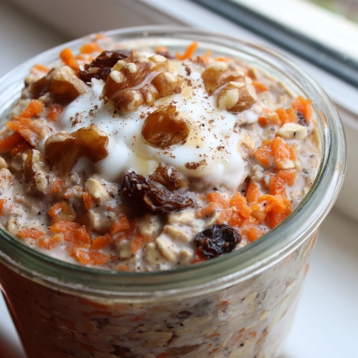 Spiced carrot cake overnight oats served in mason jar with shredded carrots