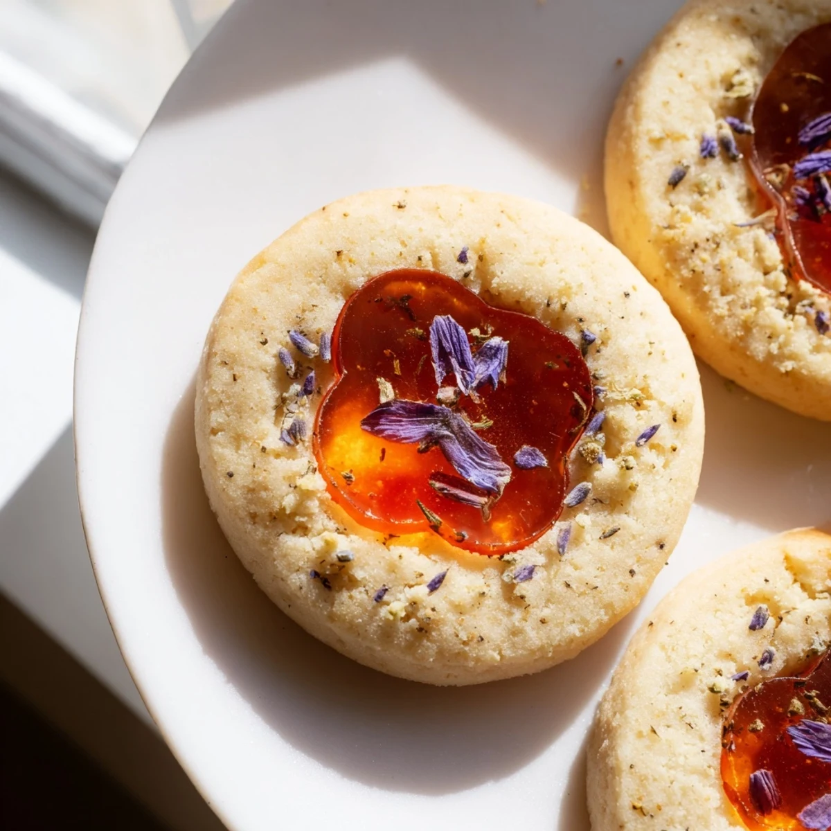 Delicate Earl Grey Stained Glass Floral Cookies with jewel-toned candy centers and pressed edible flowers