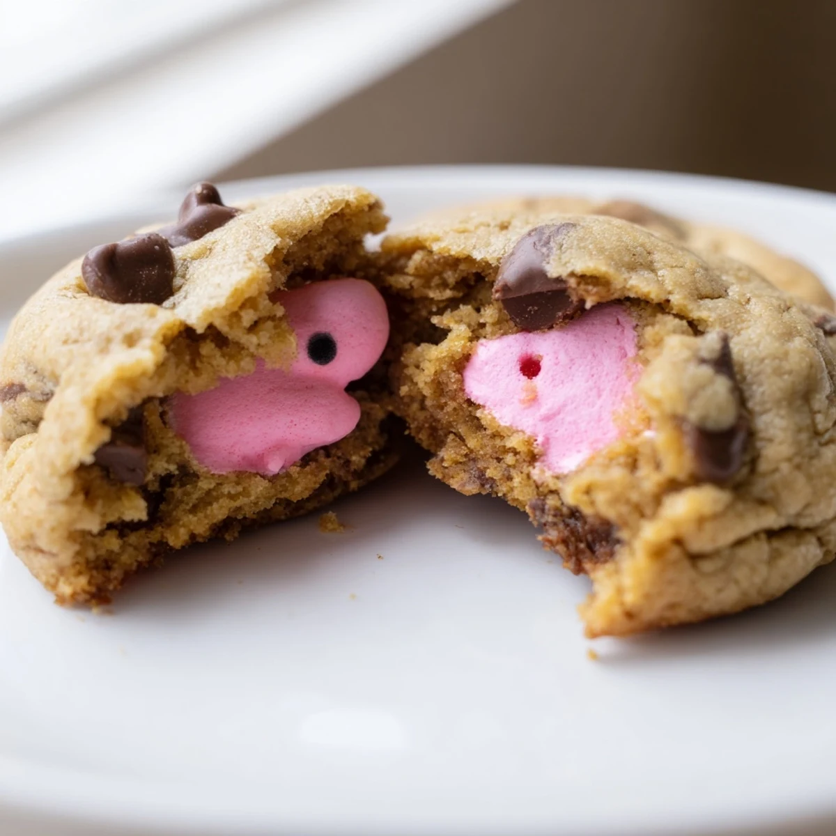 Golden Chocolate Chip Peep Stuffed Easter Cookies with melty marshmallow centers on rustic baking sheet