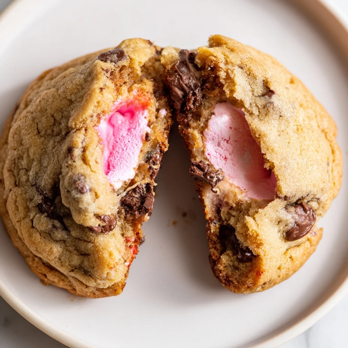 Soft Chocolate Chip Peep Stuffed Easter Cookies revealing colorful Peep surprise inside cut half