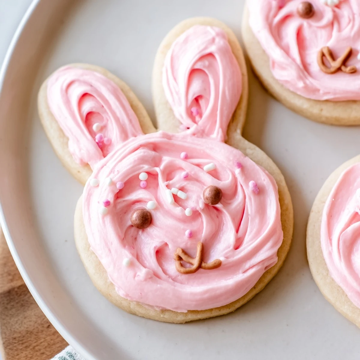 Golden bunny-shaped sugar cookies topped with fluffy pink buttercream frosting and candy eyes for spring