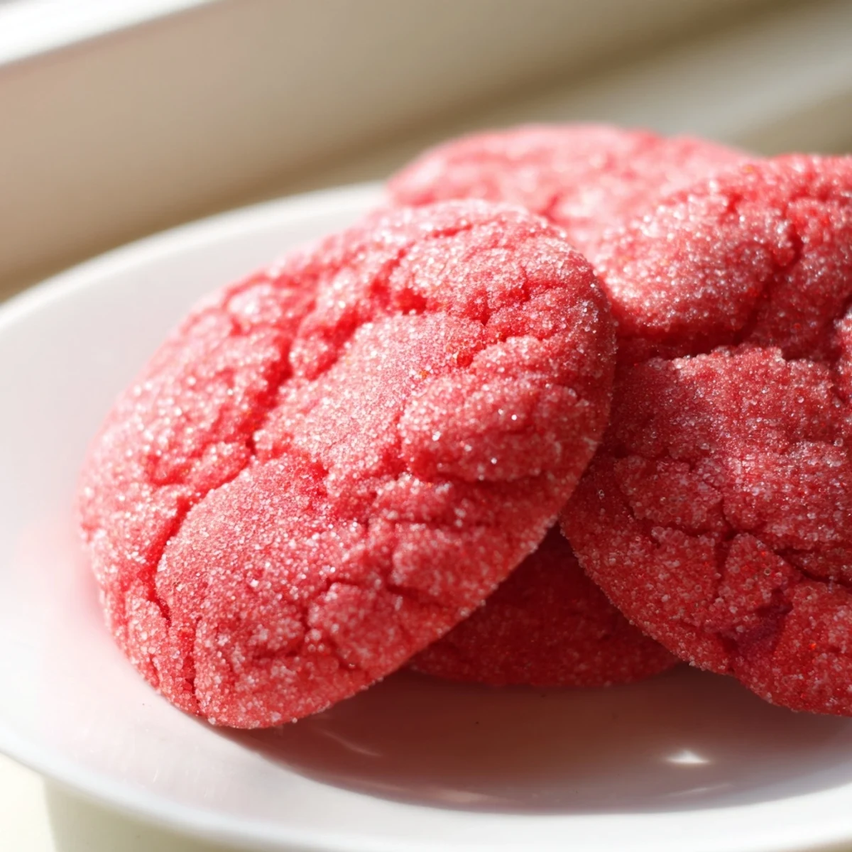 Soft chewy Jello sugar cookies in bright pink and green hues on a rustic baking sheet