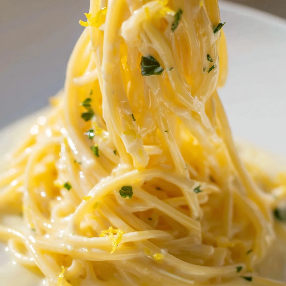 Creamy Parmesan Lemon Pasta twirled on a fork with fresh herb garnish and cracked black pepper