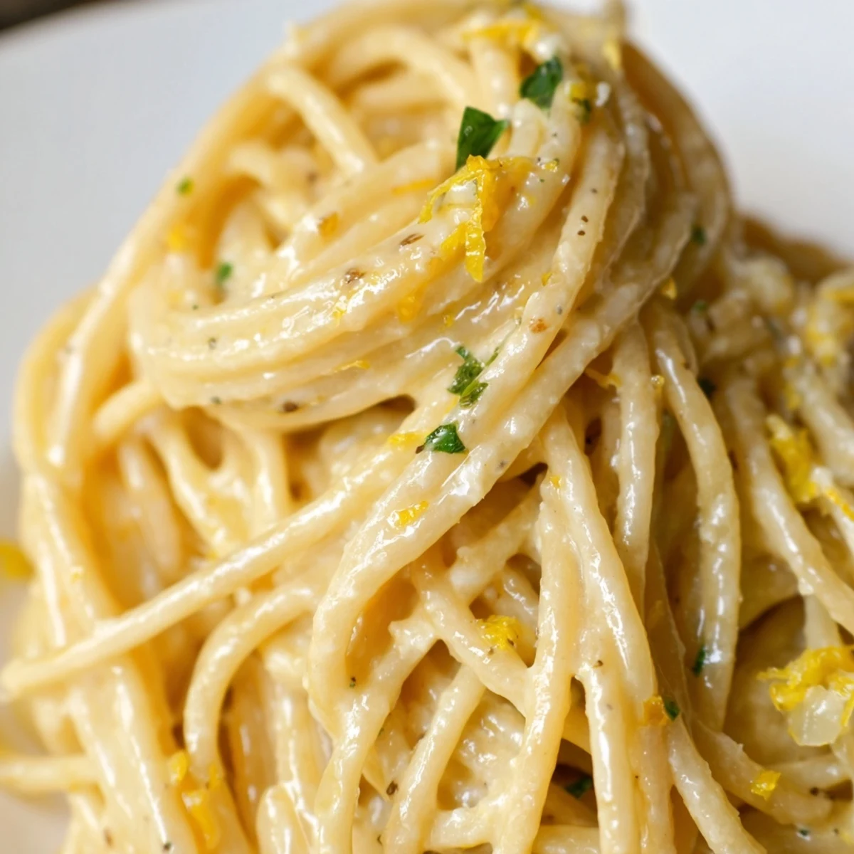 Golden buttery Parmesan Lemon Pasta in a white bowl with bright citrus zest sprinkled on top