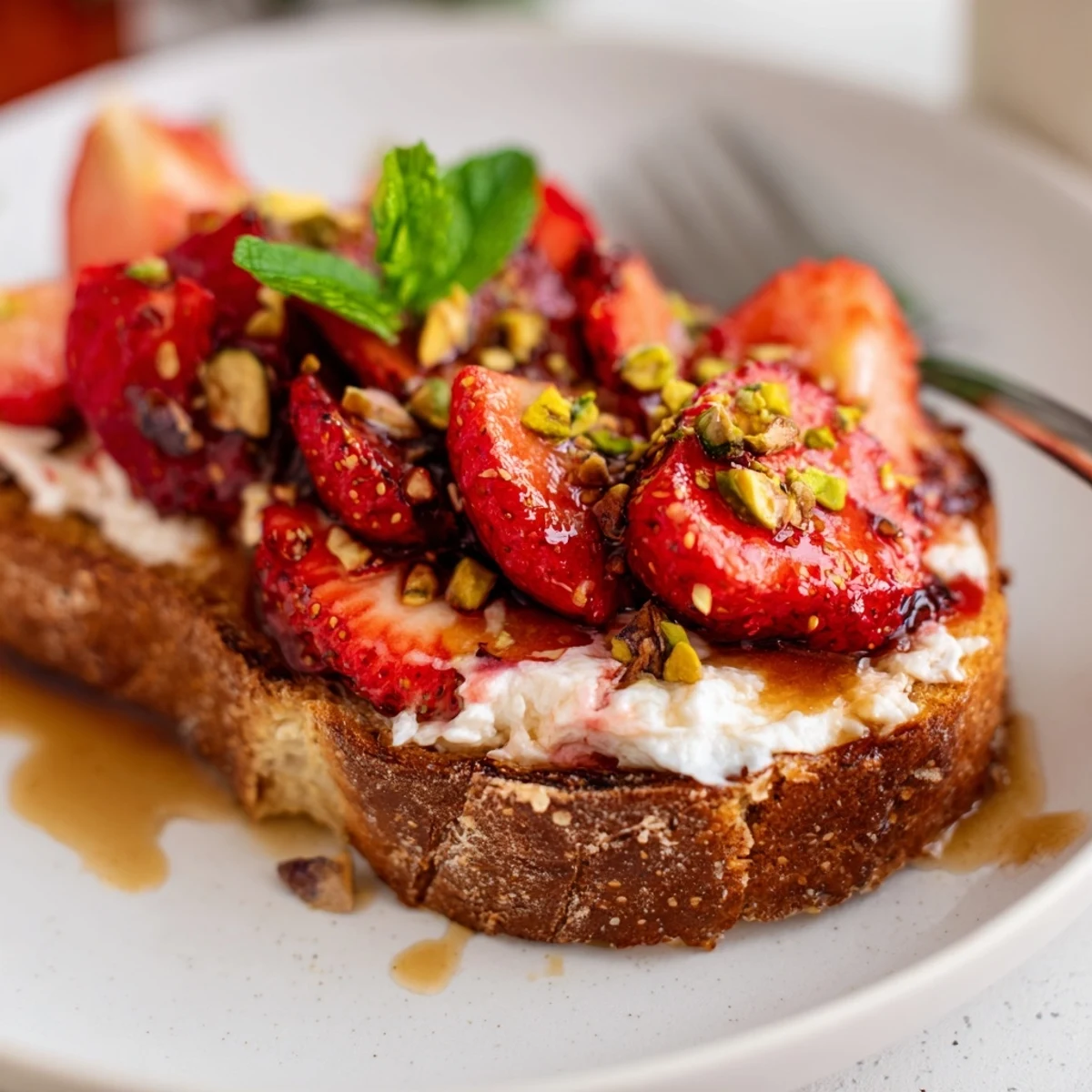 Golden toasted sourdough topped with roasted strawberry whipped ricotta toast and fresh mint garnish