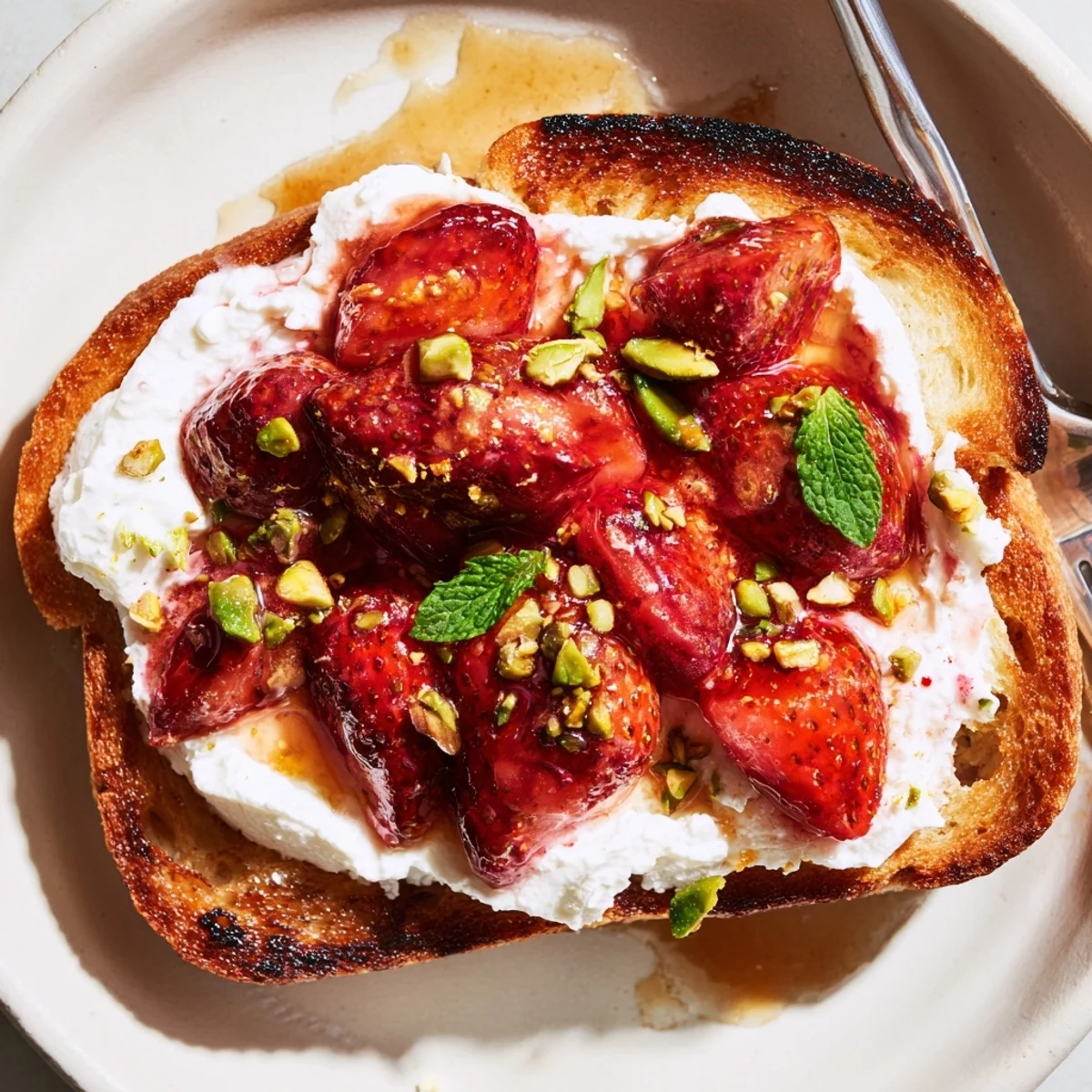 Creamy whipped ricotta spread on crispy bread with caramelized roasted strawberry whipped ricotta toast toppings