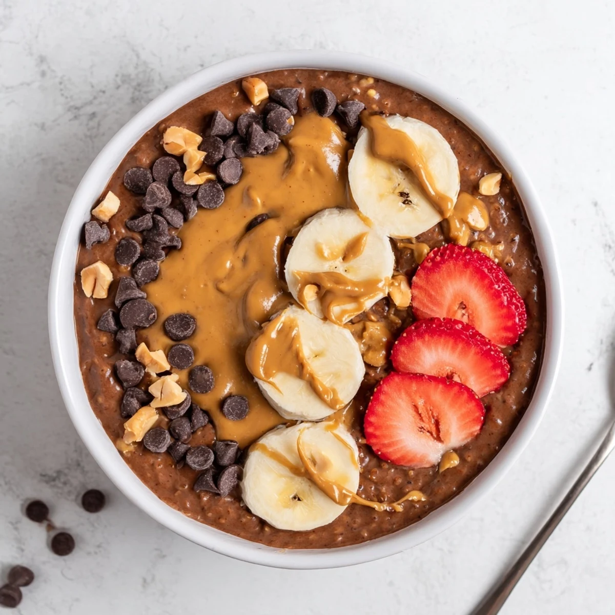 Creamy chocolate peanut butter overnight oats topped with mini chips and chopped peanuts in a jar