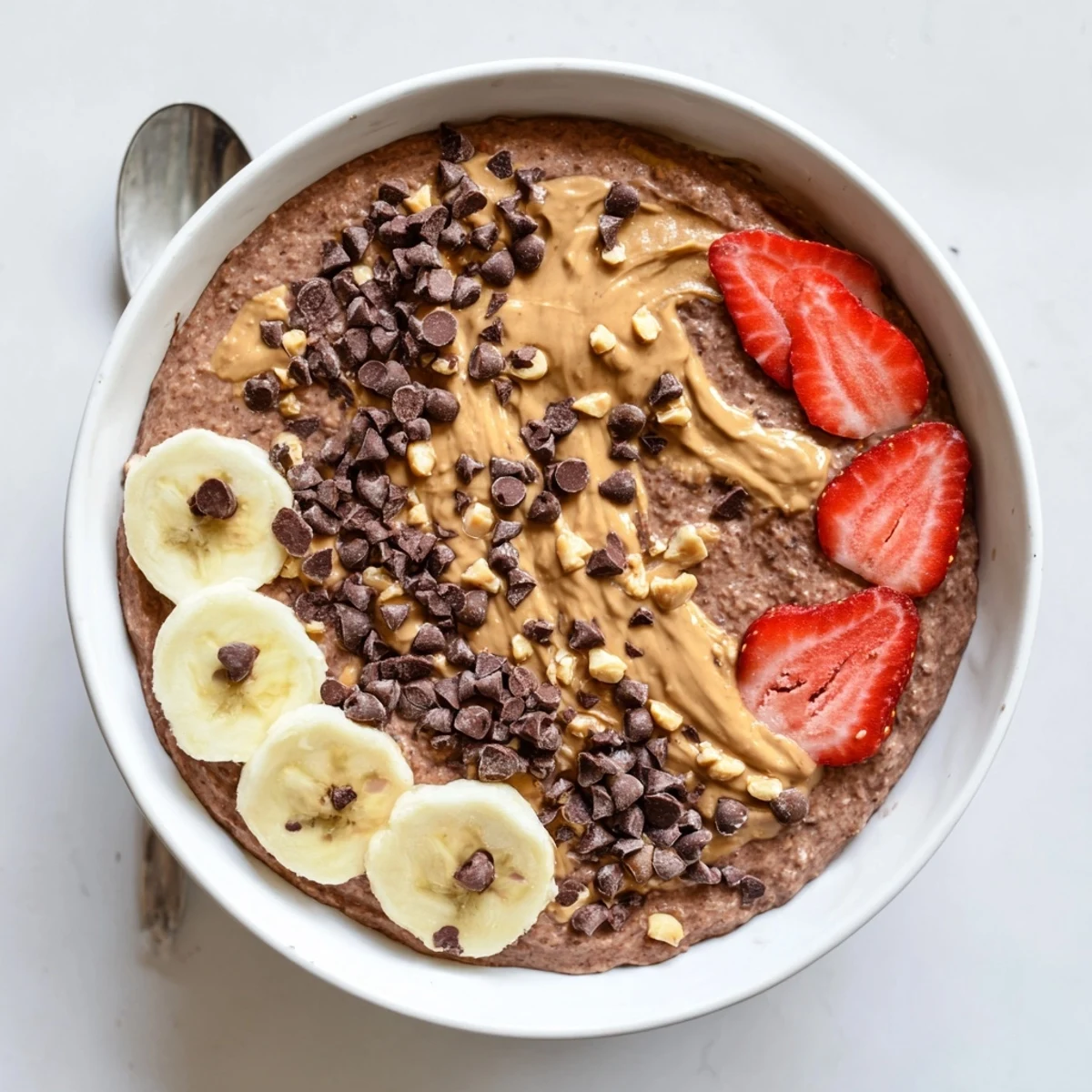 Thick chocolate peanut butter overnight oats served cold with sliced banana and a sprinkle of chocolate