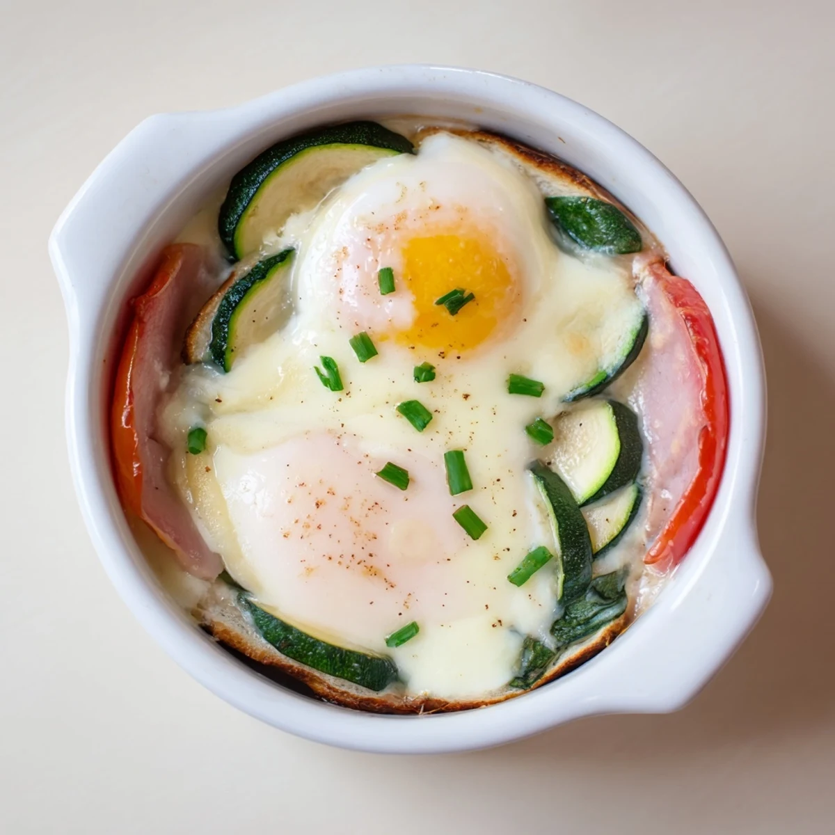 Layers of ham spinach and tomato beneath perfectly baked eggs Napoleon