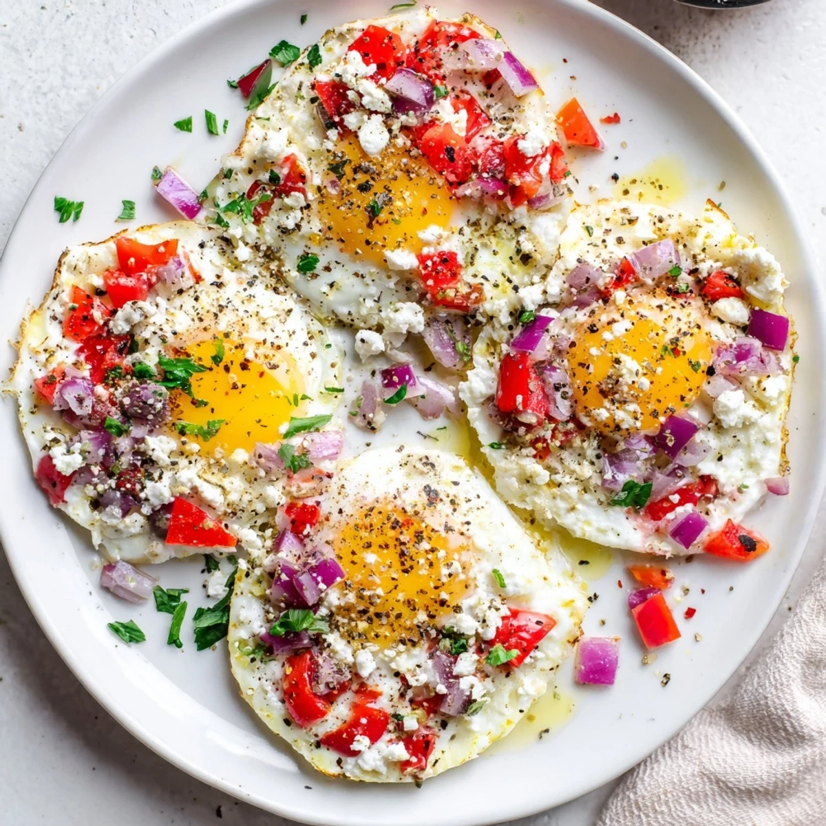 Creamy baked feta eggs with vibrant tomatoes and herbs in rustic cast iron skillet