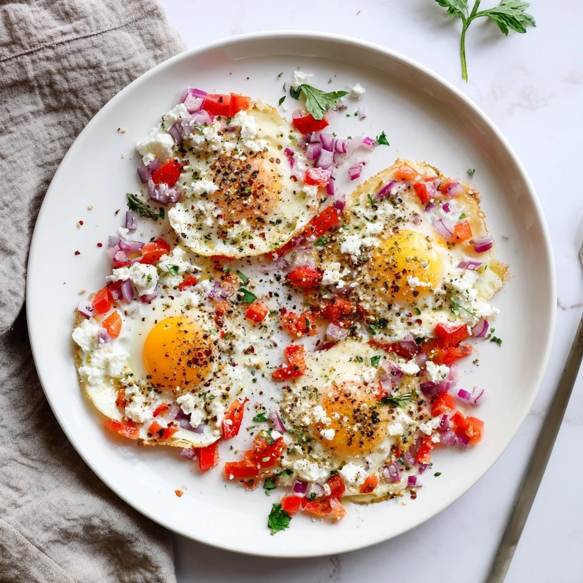 Golden egg yolks nestled in Mediterranean baked feta eggs with roasted peppers