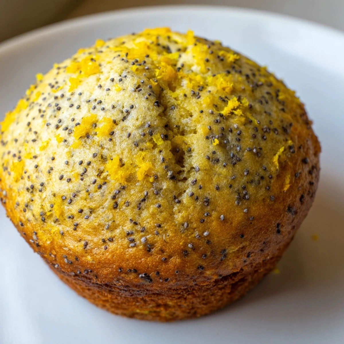 Golden lemon poppy seed muffins with domed tops fresh from the oven on a wire cooling rack