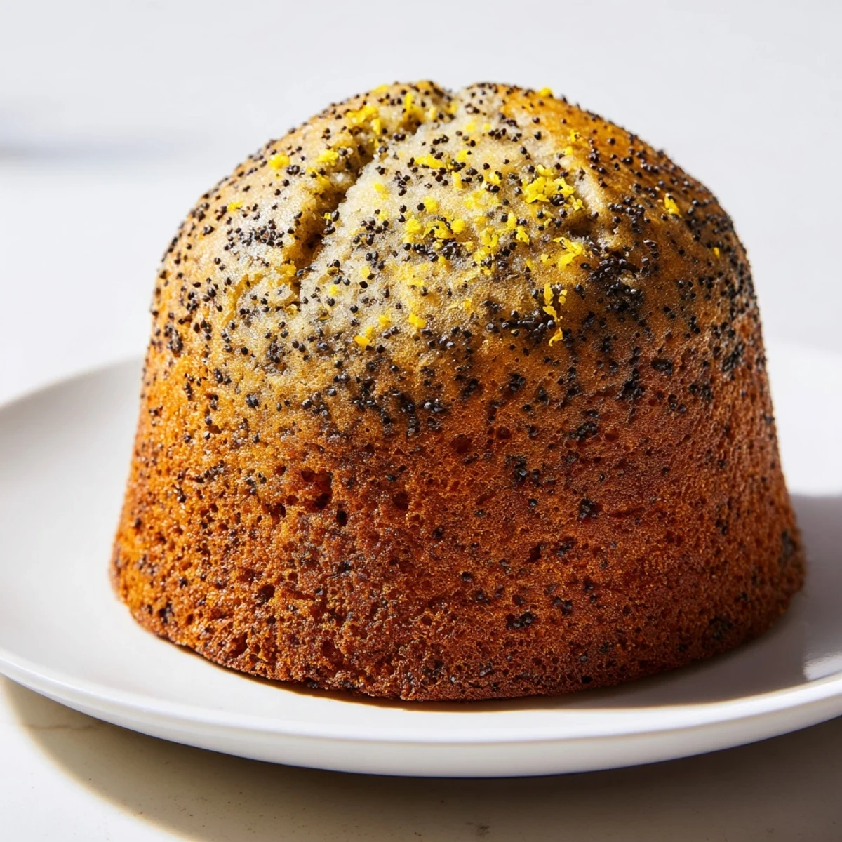 Moist lemon poppy seed muffins speckled with zest served on a rustic breakfast plate