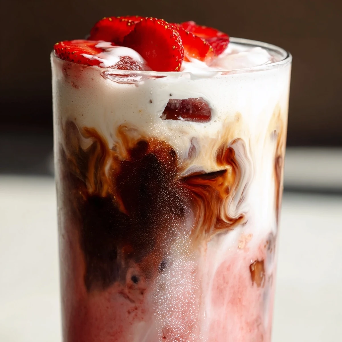 Creamy strawberry cold latte in a tall glass with swirled pink layers and ice