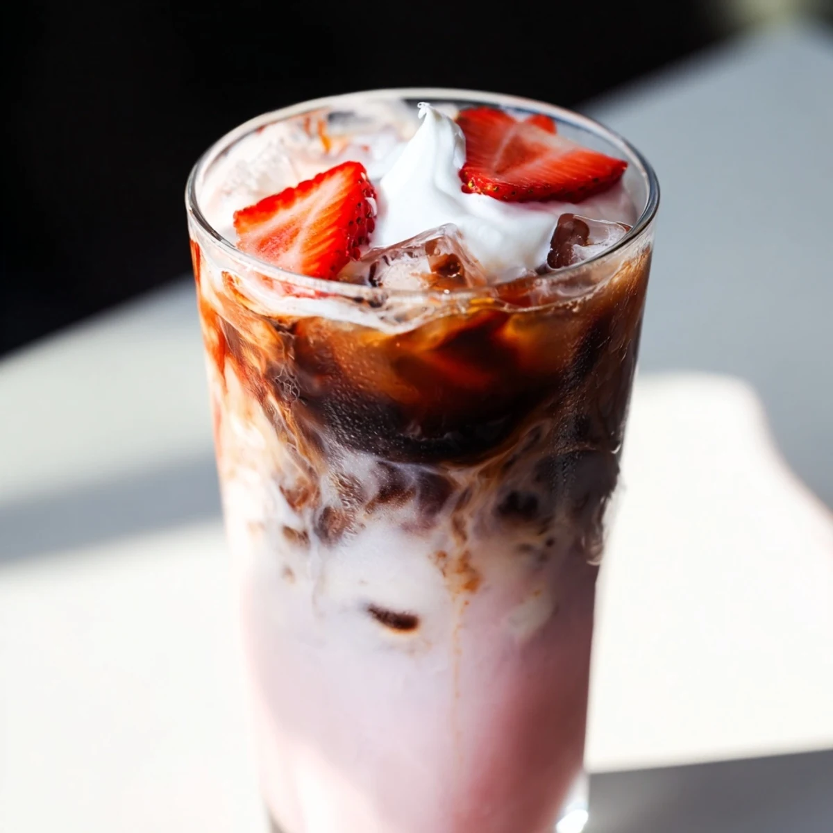 Iced strawberry cream latte topped with fluffy whipped cream and fresh berry garnish