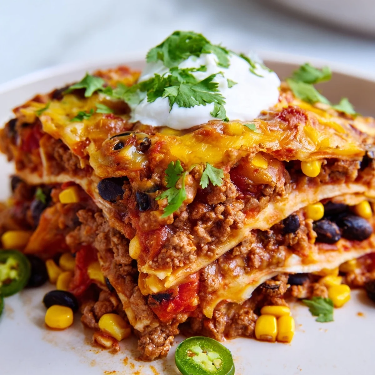 Golden melted cheese tops this hearty Mexican lasagna with layers of seasoned beef