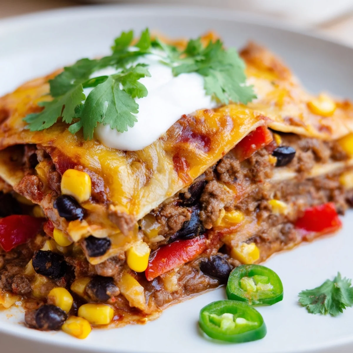 Warm Mexican lasagna sliced to reveal tortilla layers with spicy beef and beans