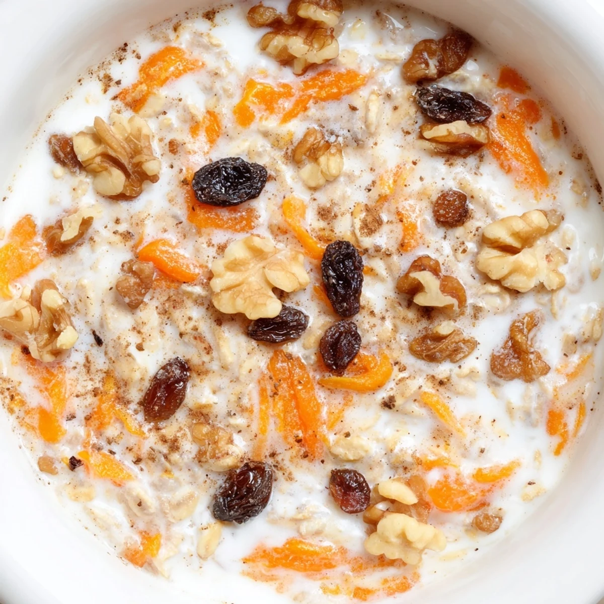 Creamy carrot cake overnight oats in a mason jar topped with crunchy walnuts and a cinnamon sprinkle