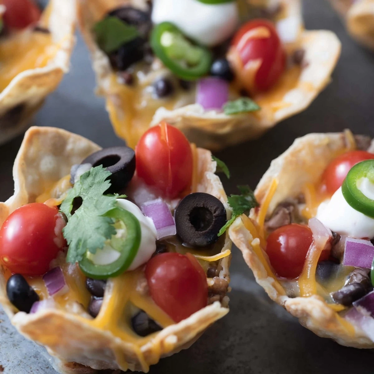 Crispy cheesy nacho cups bubbling with melted cheddar and colorful fresh toppings inside
