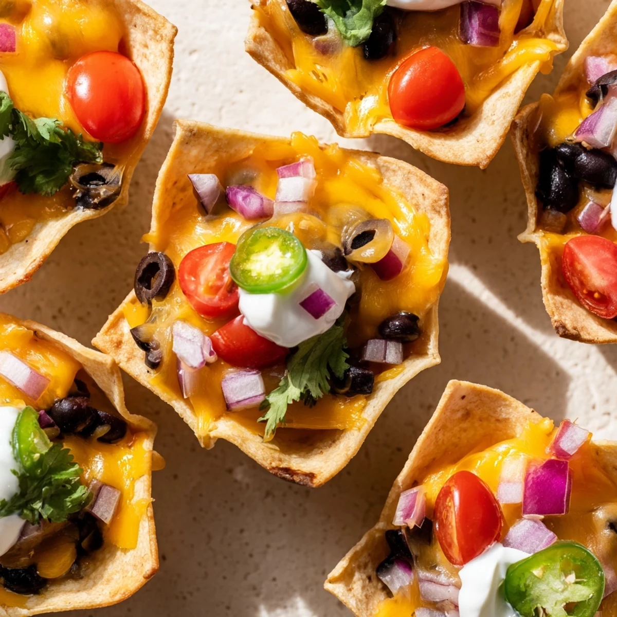 Golden tortilla cups filled with gooey cheesy nacho toppings and zesty garnishes