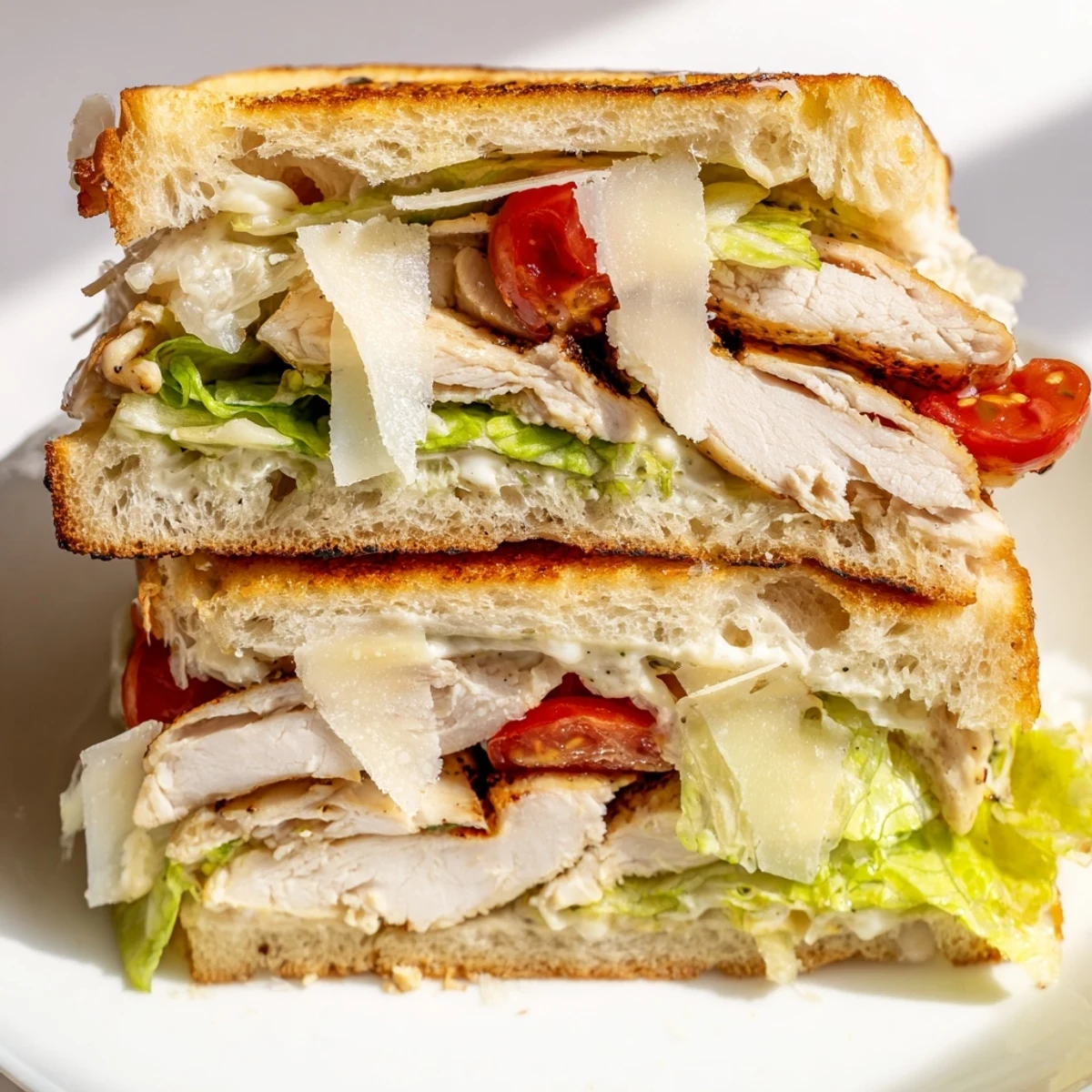 Juicy grilled Chicken Caesar Sandwich with crisp romaine and creamy dressing on golden toasted ciabatta