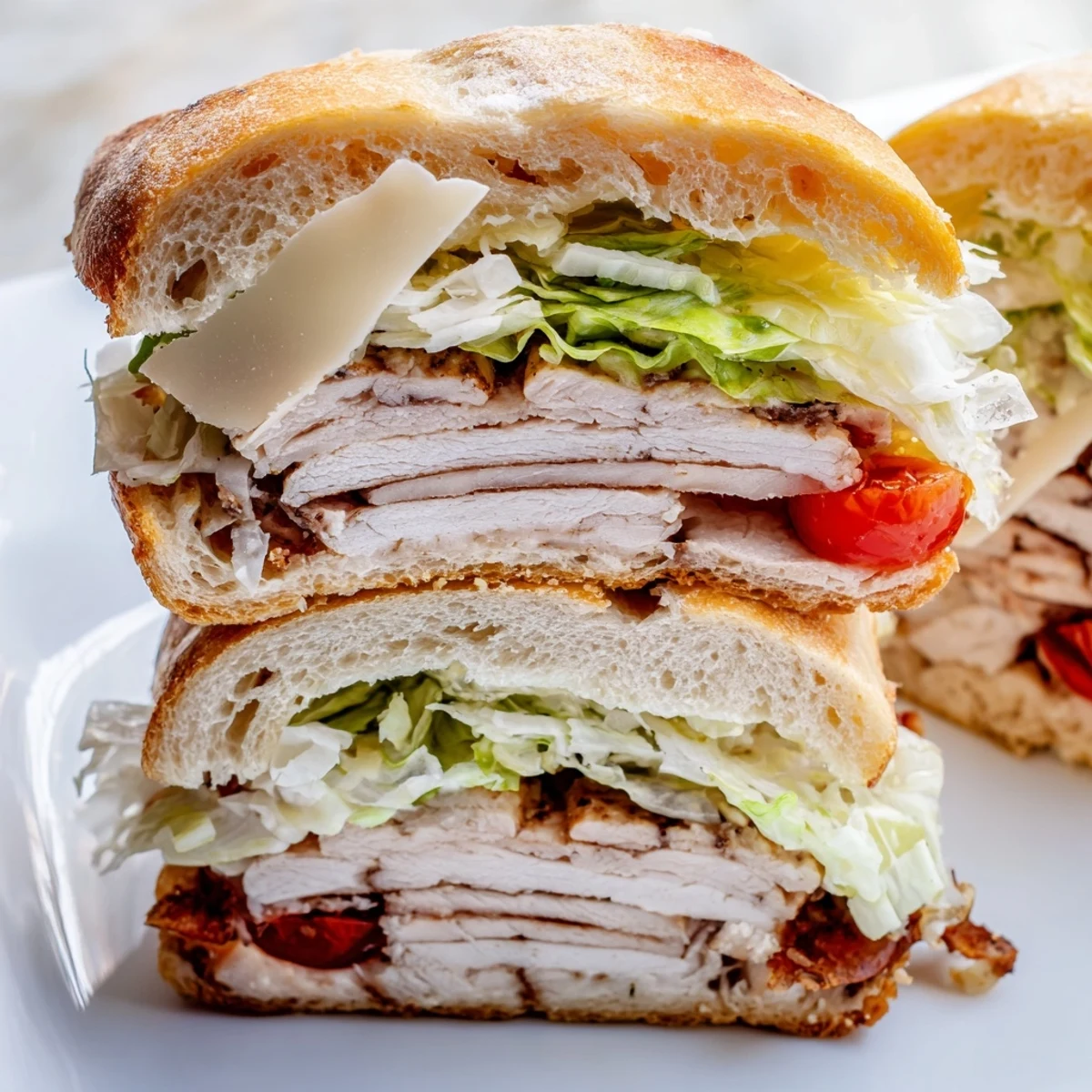 Warm Chicken Caesar Sandwich layered with shaved Parmesan and fresh lettuce on crusty bread