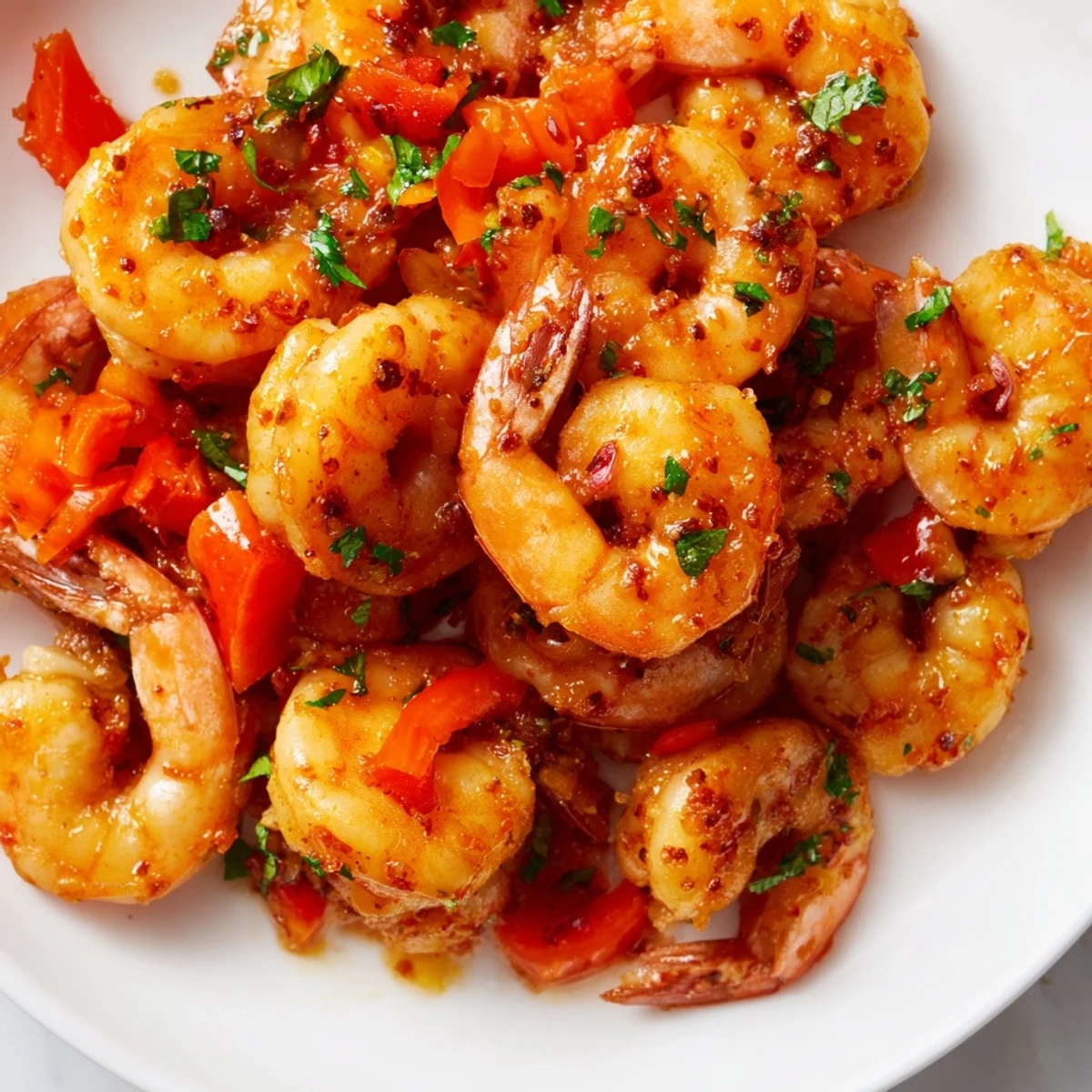 Golden garlic paprika shrimp skillet sizzling with red bell pepper and fresh parsley garnish