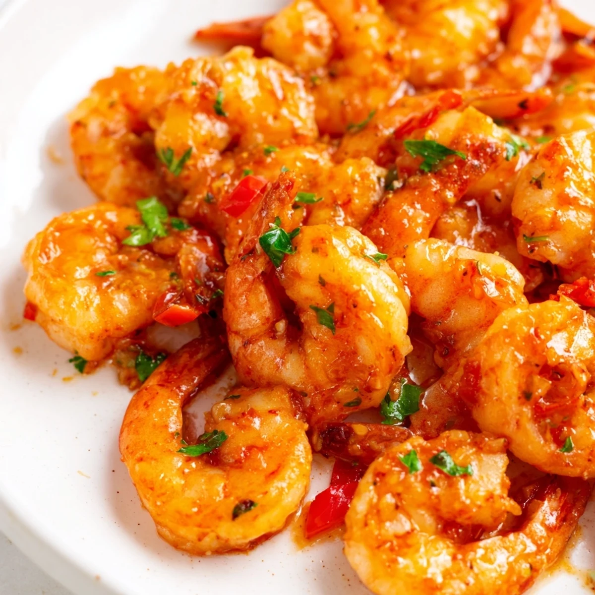 Succulent pink shrimp in garlic paprika skillet sauce served with bright lemon wedges