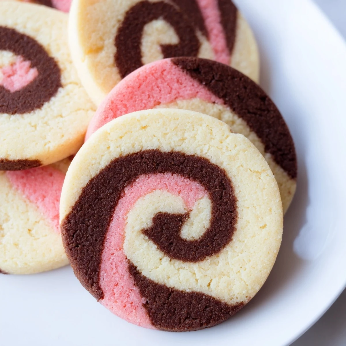 Neapolitan Swirl Cookies showing chocolate, vanilla, and strawberry spirals on a rustic wooden board