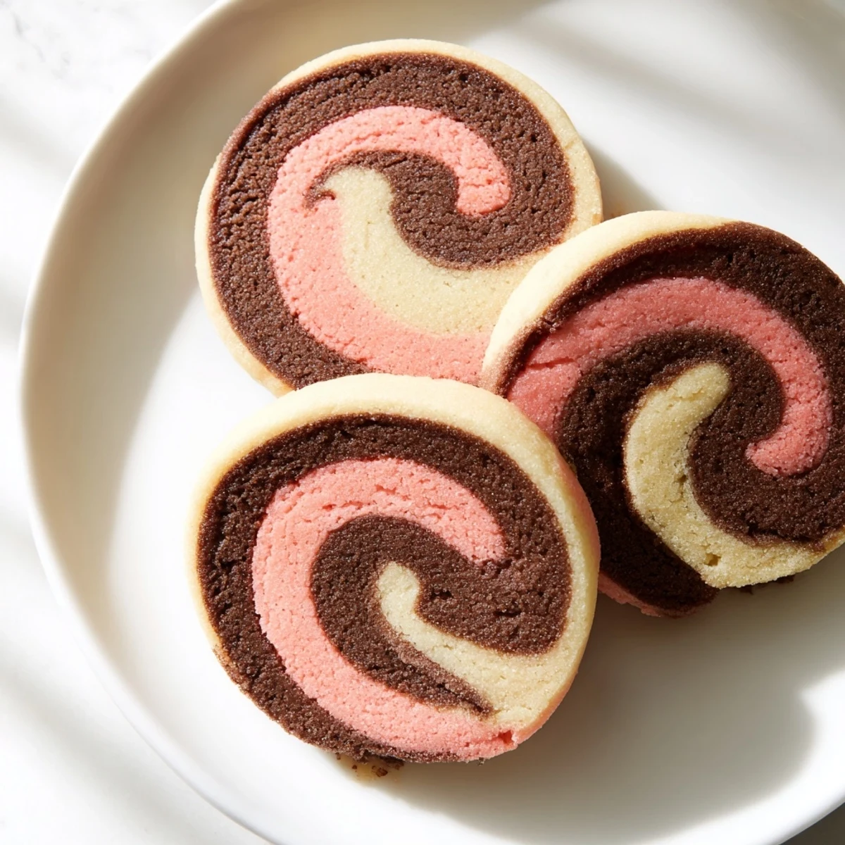 Soft Neapolitan Swirl Cookies with pink, brown, and cream pinwheel layers arranged on white parchment