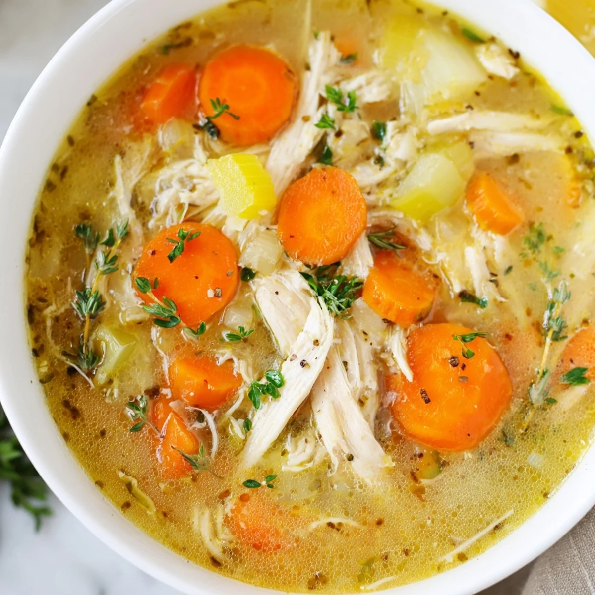 Golden Crockpot Lemon Chicken Soup features tender shredded meat and colorful vegetables in broth
