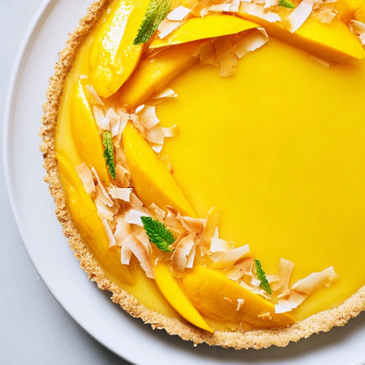 Golden mango curd tart sliced and topped with fresh mango curls and mint leaves