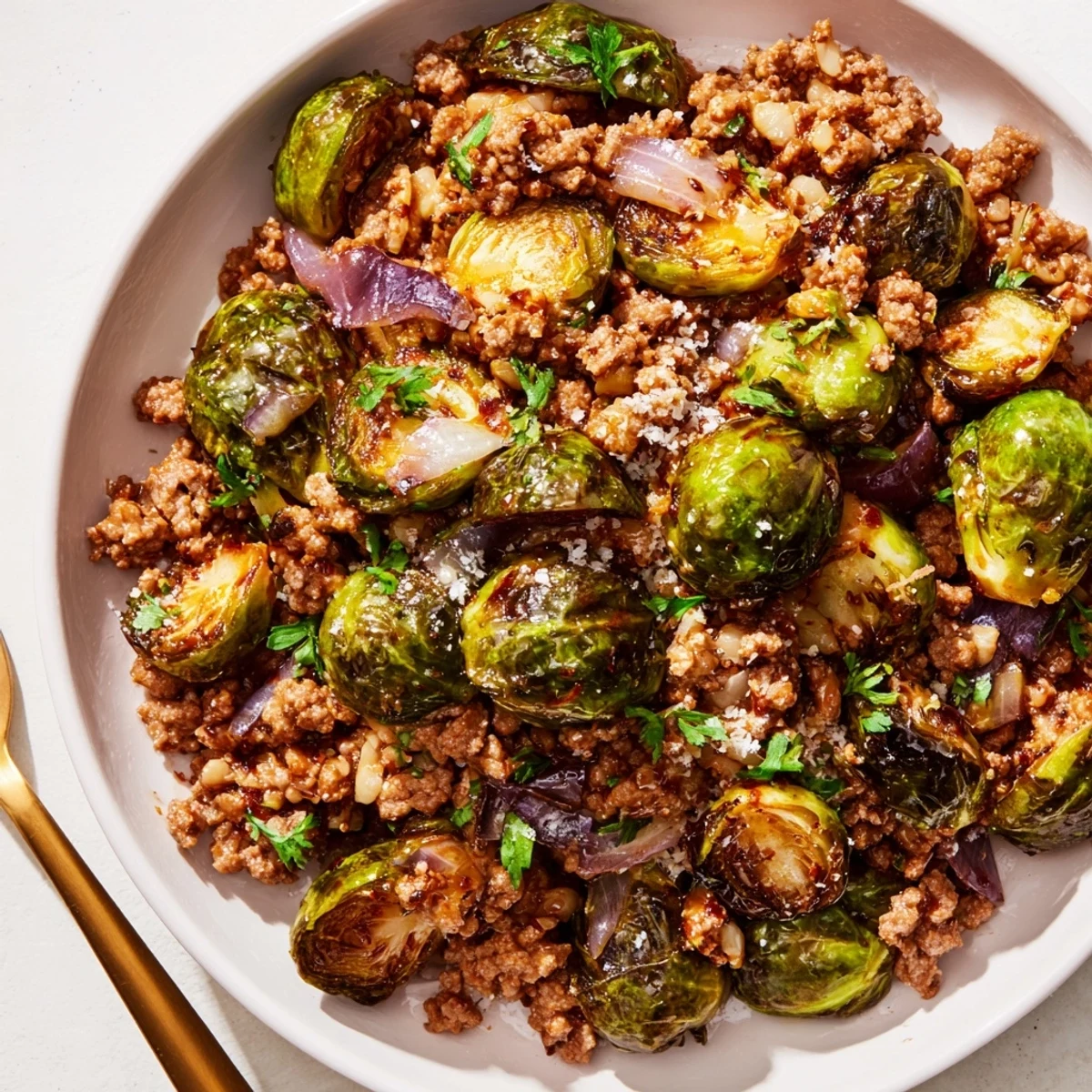 Golden ground beef and Brussels sprouts skillet sizzling with caramelized edges and savory seasonings