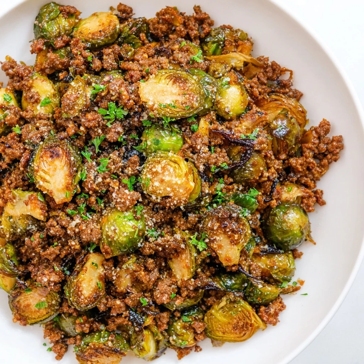 Tender Brussels sprouts with seasoned ground beef in a rustic cast iron skillet dinner