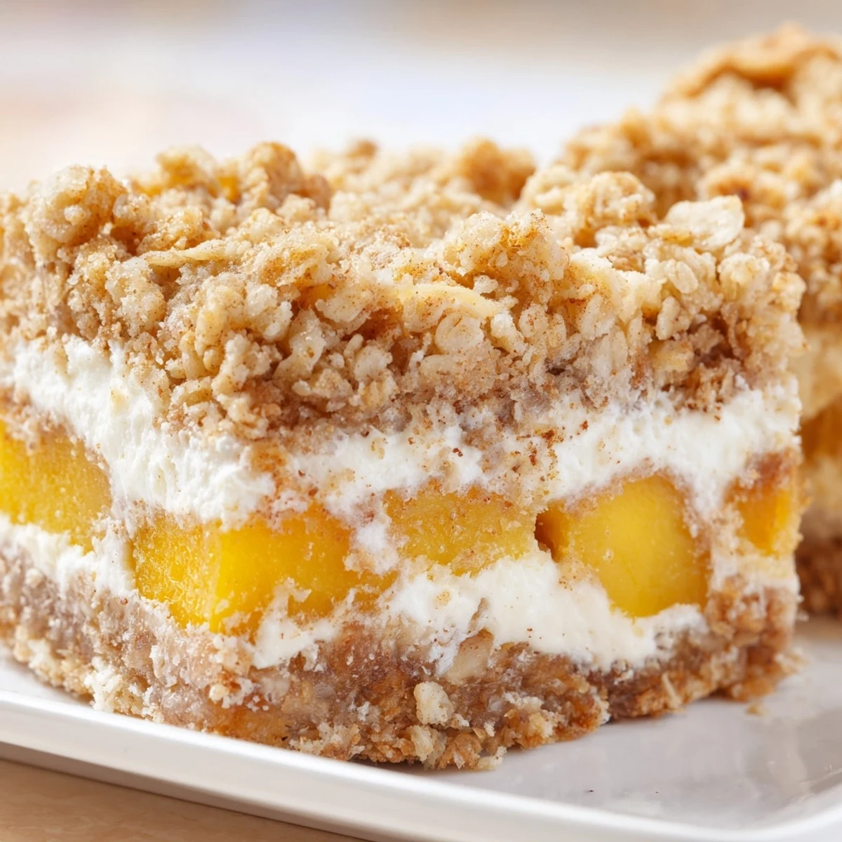 Golden Peaches and Cream Crumble Bars with buttery oat topping on a rustic wooden cutting board