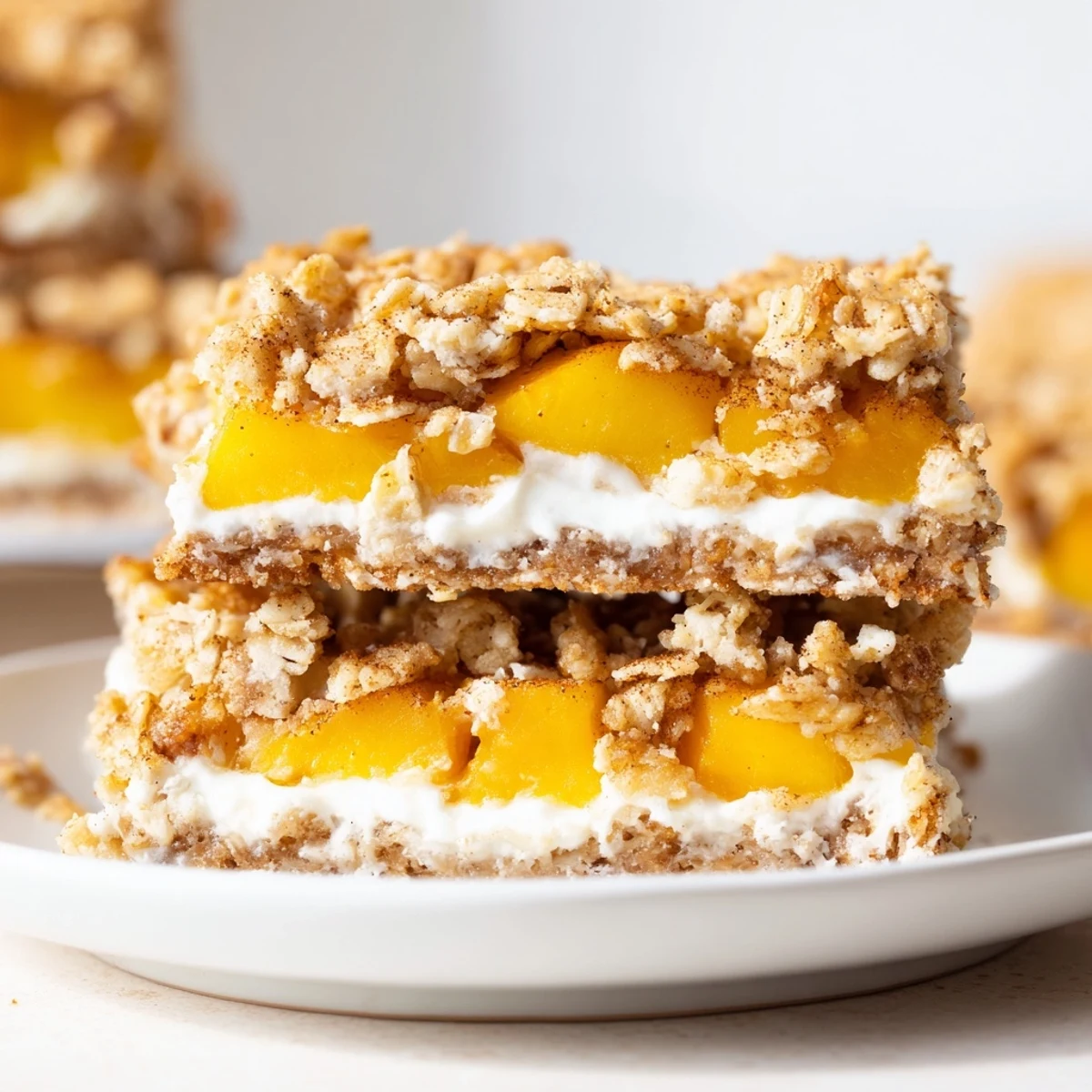 Creamy cheesecake layer peeking through juicy peaches in these homemade Peaches and Cream Crumble Bars