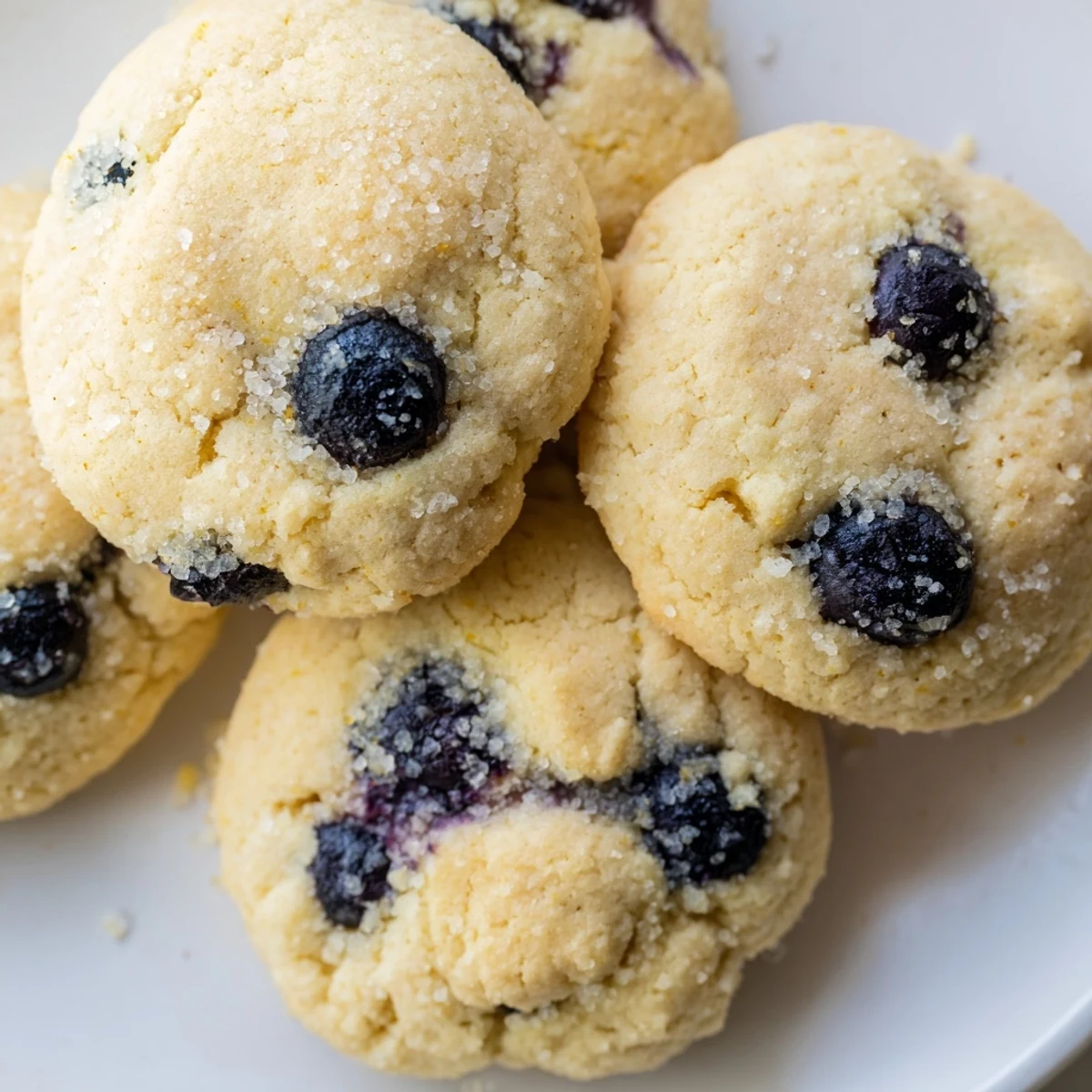 Soft blueberry muffin cookies with golden edges and juicy berries piled on a rustic baking sheet