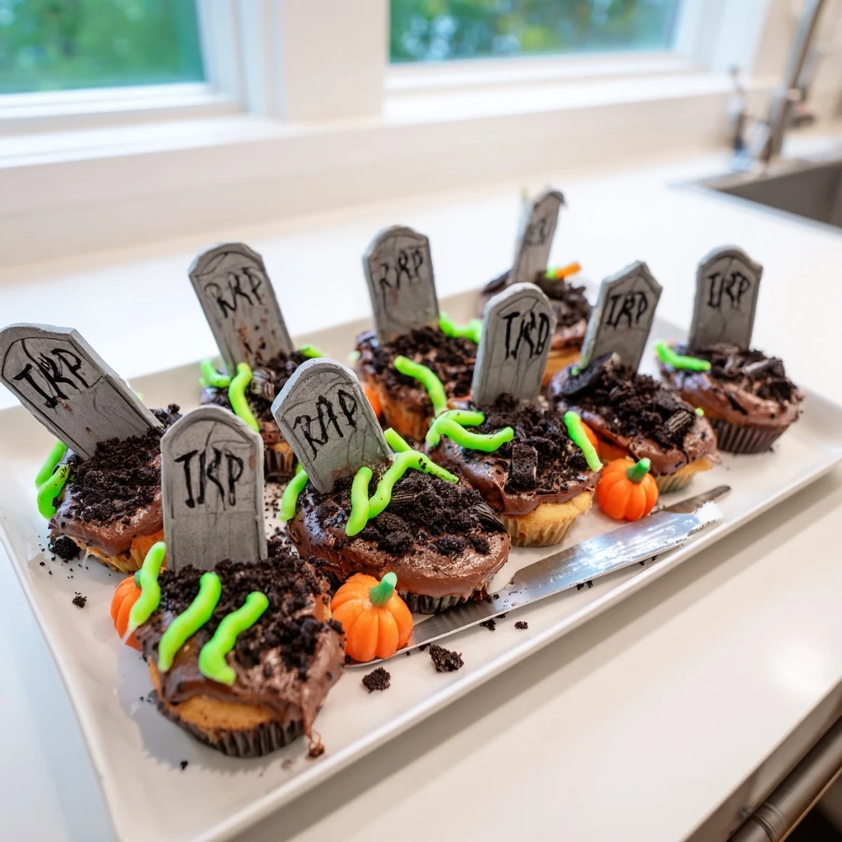Pull Apart Graveyard Cupcakes topped with rich chocolate frosting and cookie crumble dirt on a festive Halloween platter