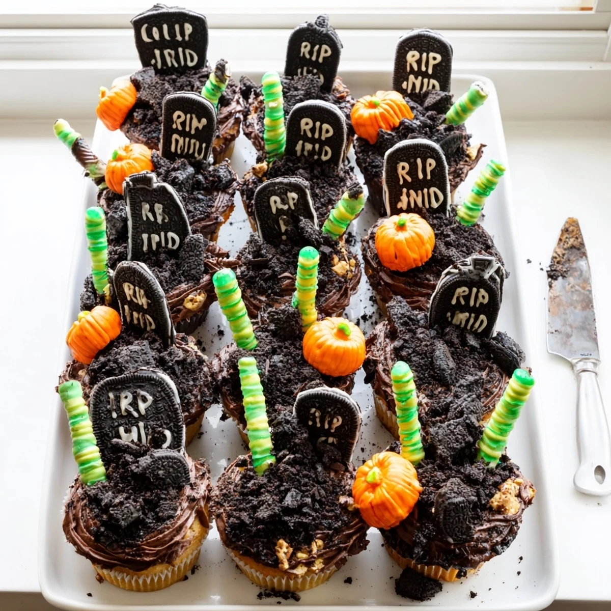 Spooky Pull Apart Graveyard Cupcakes decorated with icing tombstones gummy worms and candy pumpkins for a creepy dessert