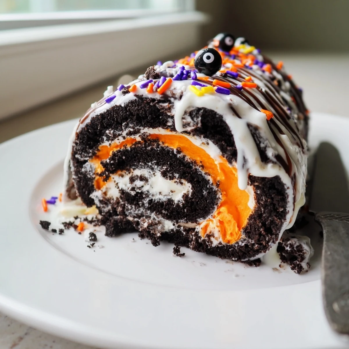 A slice of Halloween Oreo Roll drizzled with chocolate and topped with spooky candy eyes.