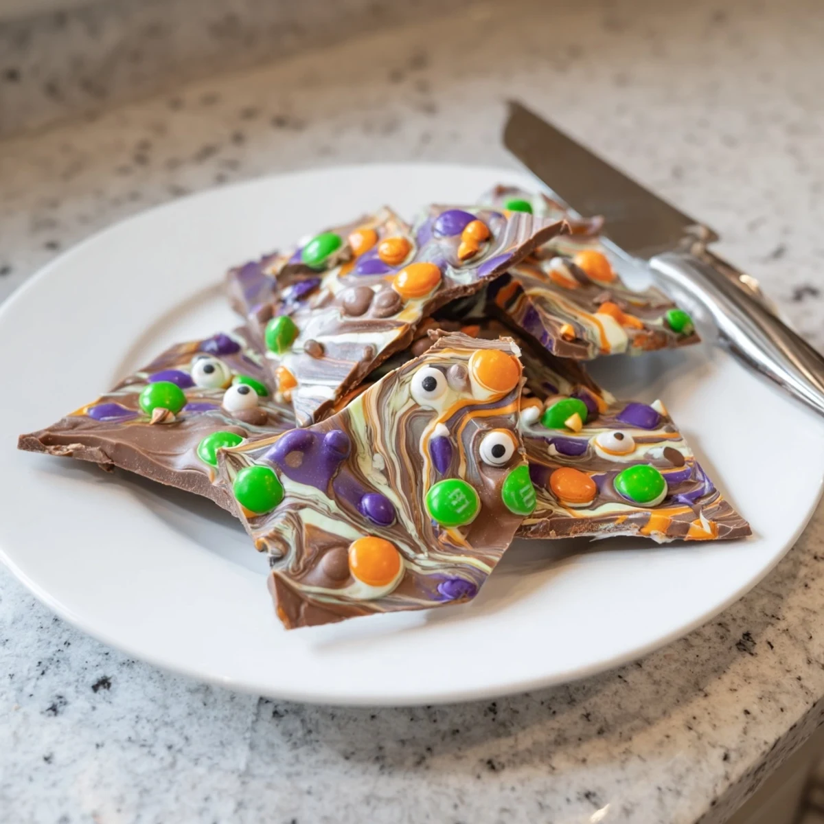 Melting Witches Bark with swirled chocolates and candy eyes on parchment