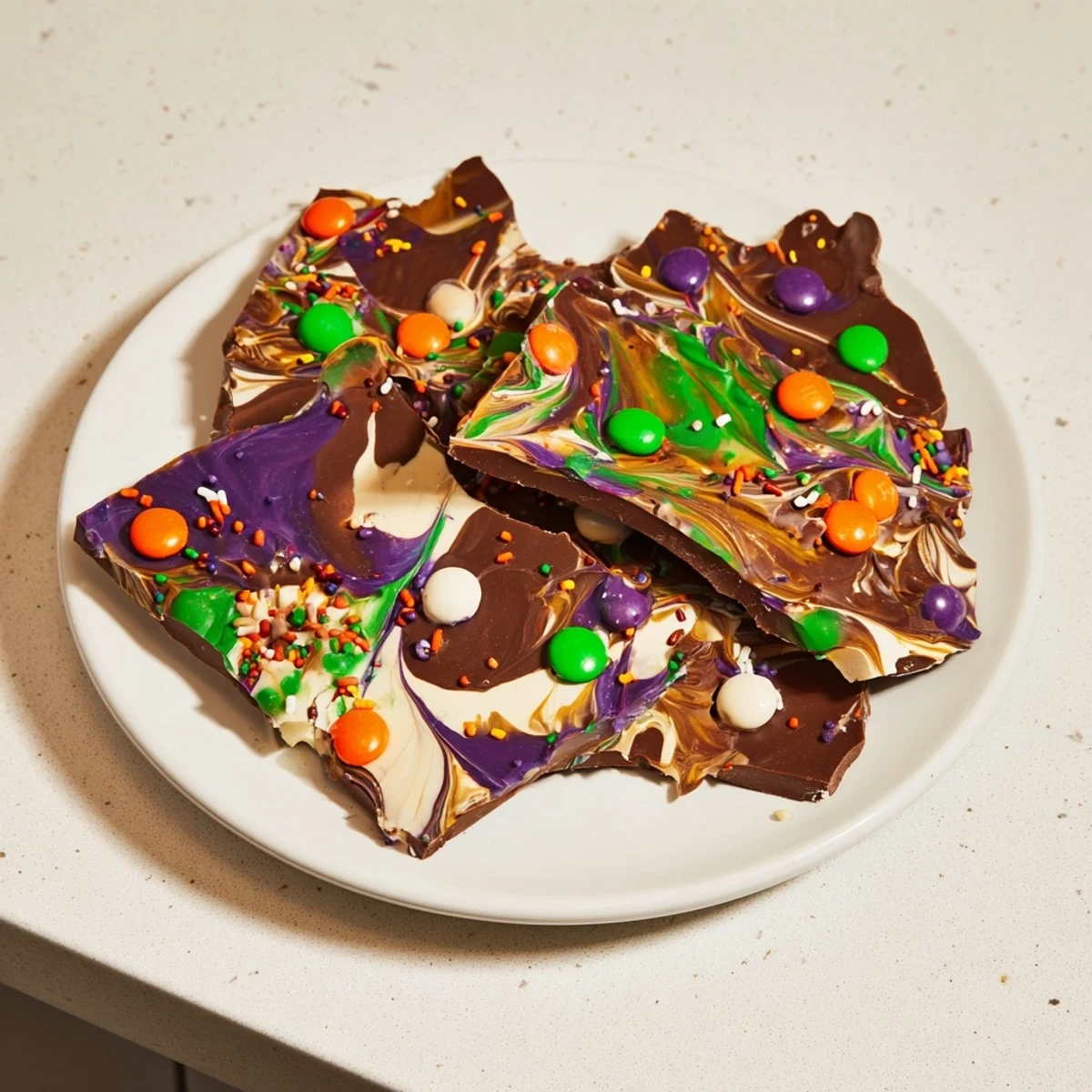 Melting Witches Bark topped with colorful sprinkles and spooky candy eyes